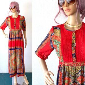 Long Red Bohemian Dress Summer Hippie Multicolored Maxi Dress Tie Back Dress